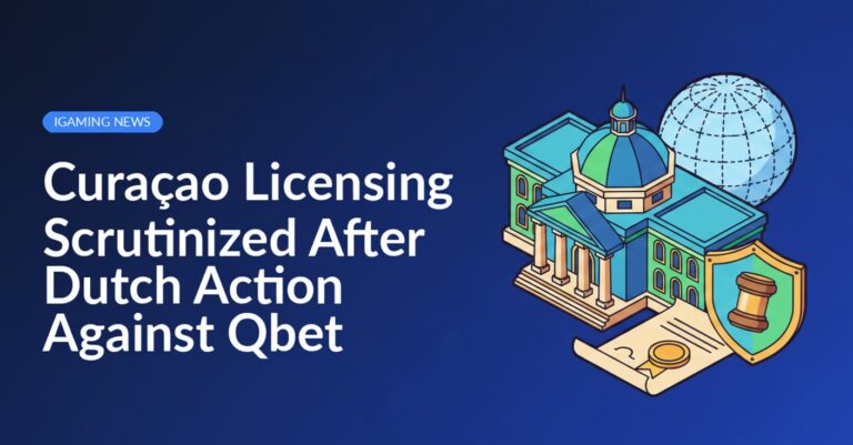 Curaçao government building beside a globe with dotted lines and a sealed license document topped by a gavel shield.